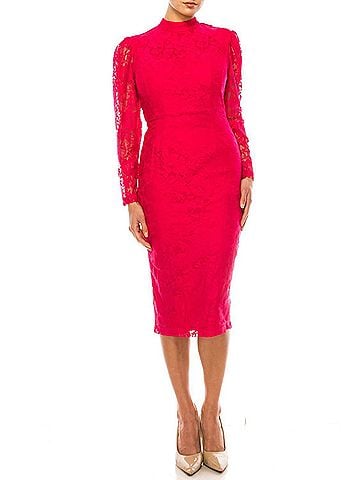 Maison Tara Lace Mock Neck Midi Sheath Dress in Cerise (view 2)