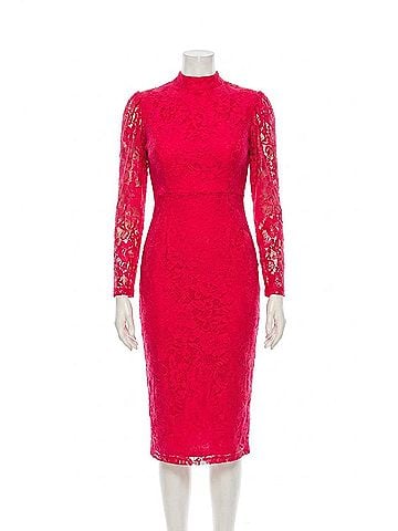 Maison Tara Lace Mock Neck Midi Sheath Dress in Cerise (view 1)
