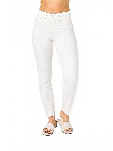 Judy Blue Women's Mide Rise Braided Detail Relaxed in White (view 2)