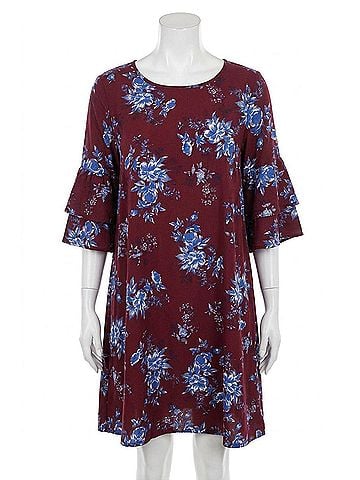 Angie Floral Double Ruffle Sleeve Dress in Plum (view 1)
