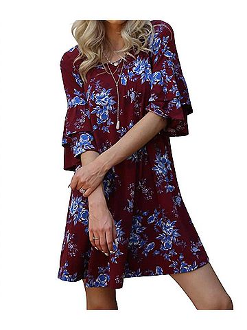 Angie Floral Double Ruffle Sleeve Dress in Plum (view 2)