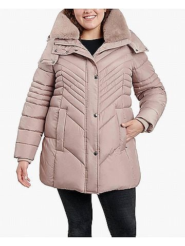 London Fog Plus Size Zip-Front Hooded Puffer Jacket With Button-Off Fur Collar in Rosewood (view 2)