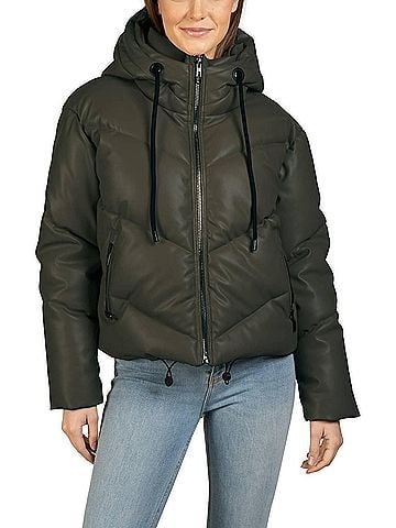 Love Token Long Sleeve Hooded Puffer Jacket in Olive (view 2)