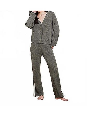 Barefoot Dreams Contrast Ribbed Slit Pant in Olive Branch (view 2)