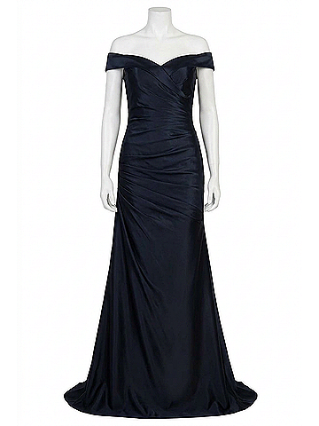 La Femme Off The Shoulder Satin Evening Dress in Navy (view 1)