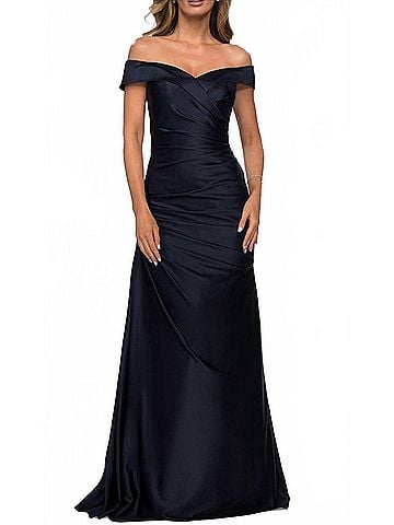 La Femme Off The Shoulder Satin Evening Dress in Navy (view 2)
