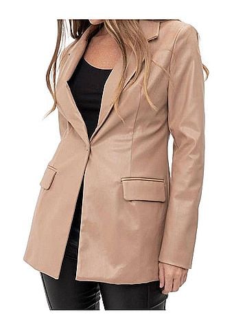 Tea & Cup Faux Leather Single Breasted Blazer in Mocha (view 2)