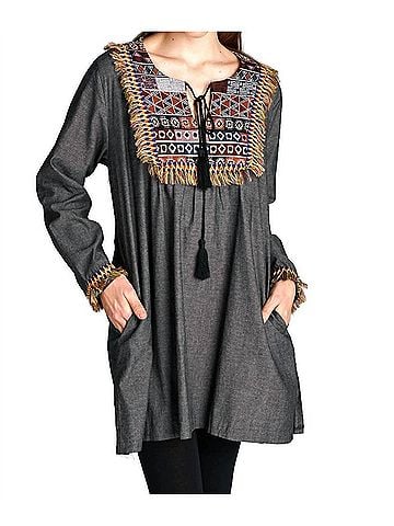 Velzera Fringe Geometric Chambray Mini Dress in Black (view 2)