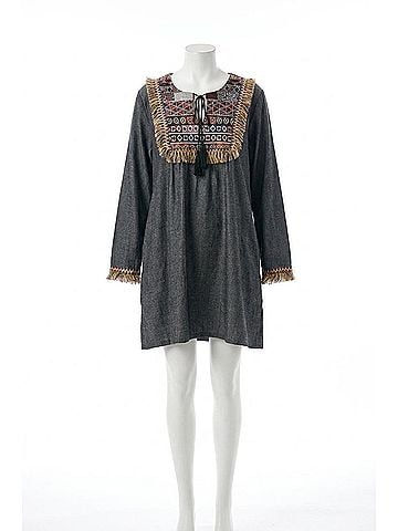 Velzera Fringe Geometric Chambray Mini Dress in Black (view 1)