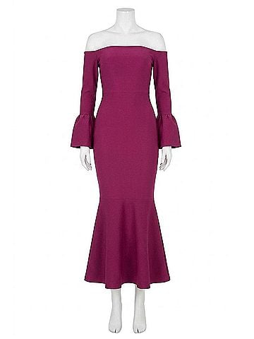 Elliatt Ella Off-Shoulder Bell Sleeve Gown in Wine (view 1)