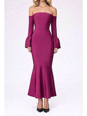 Elliatt Ella Off-Shoulder Bell Sleeve Gown in Wine (view 2)