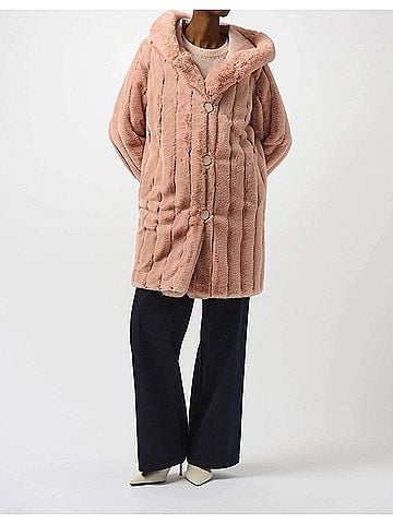 Joseph Ribkoff Hooded Reversible Faux Fur Coat in Rose (view 2)