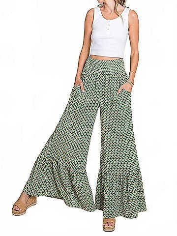 Cotton Bleu Flowy Wide Leg Pants in Green/Mustard (view 2)