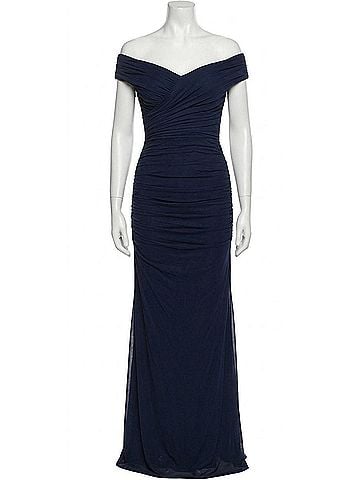 La Femme Long Ruched Jersey Prom Dress in Navy (view 1)