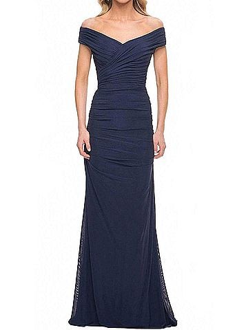 La Femme Long Ruched Jersey Prom Dress in Navy (view 2)