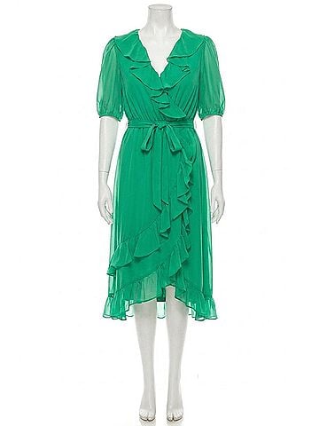 Maison Tara Ruffle Sleeve Hi-Lo Faux Wrap Midi Dress in Fern (view 1)