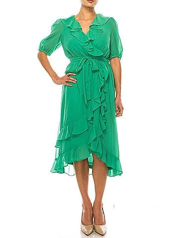 Maison Tara Ruffle Sleeve Hi-Lo Faux Wrap Midi Dress in Fern (view 2)