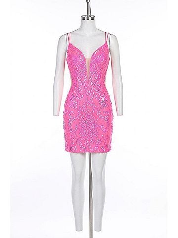 Amarra Fitted Sequin Short V Neck Dress in Neon Pink (view 1)