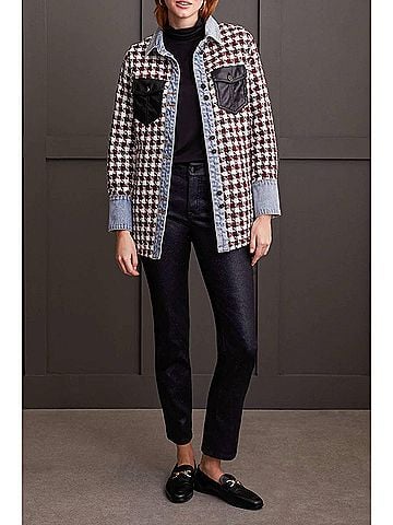Tribal Fantasia Fancy Denim And Faux Leather Shacket in Scarlet (view 2)