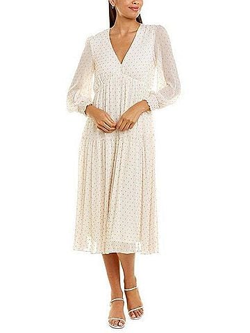Maison Tara Dot Texture Print Smocking Long Sleeve Tiered Maxi Dress in Sand Lake (view 2)