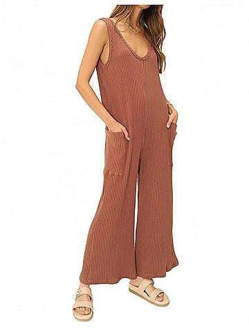 Project Social T Santa Maria Sweater Rib Wide Leg Jumpsuit in Root Beer (view 2)