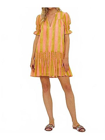 Oliphant Smocked Drop Mini Dress in Cabana Coral (view 2)