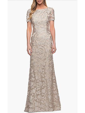 La Femme Lace Evening Dress in Champagne (view 2)