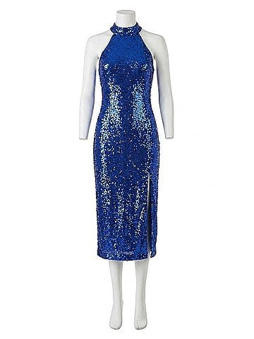Donna Morgan Full Sequin Halter Front Slit Midi Party Dress in Skydiver (view 1)