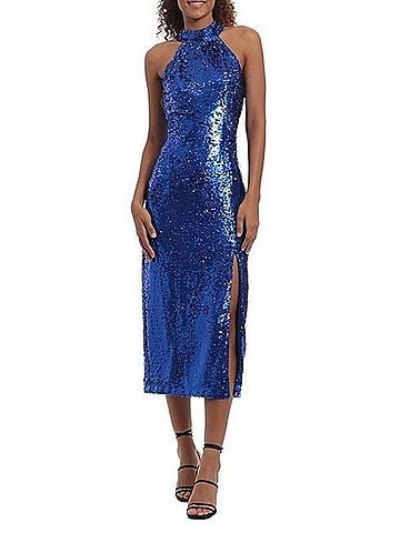 Donna Morgan Full Sequin Halter Front Slit Midi Party Dress in Skydiver (view 2)