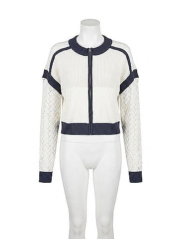 Central Park West Brooklyn Collarless Sweater Bomber Jacket in Ivory And Navy (view 1)