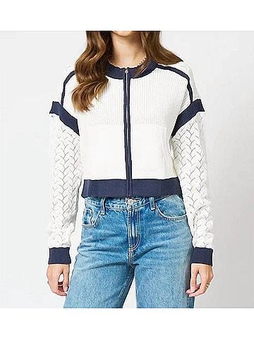 Central Park West Brooklyn Collarless Sweater Bomber Jacket in Ivory And Navy (view 2)