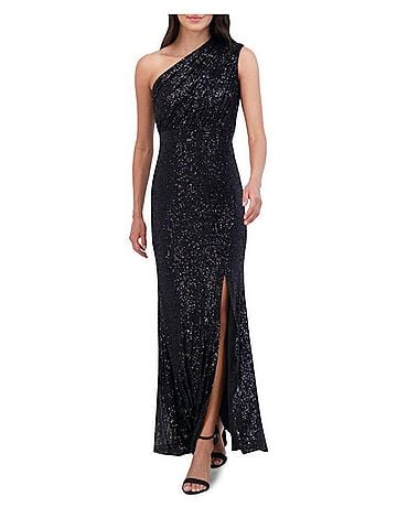 Vince Camuto Sequined One-Shoulder Gown in Black (view 2)