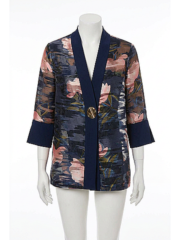 Joseph Ribkoff Signature Jacquard Organza Floral Print Swing Jacket in Midnight Blue Multi (view 1)