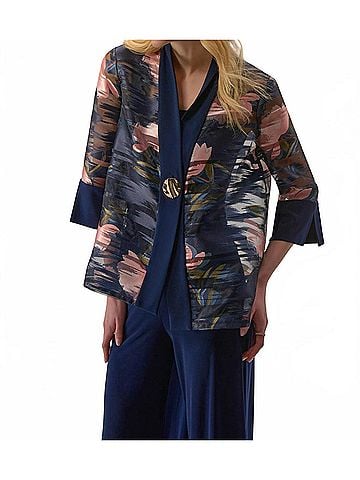 Joseph Ribkoff Signature Jacquard Organza Floral Print Swing Jacket in Midnight Blue Multi (view 2)