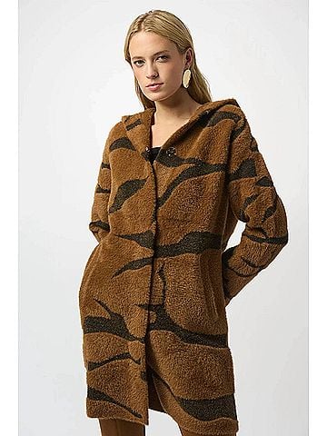 Joseph Ribkoff Animal Print Hooded Faux Fur Coat in Brown/Black (view 2)