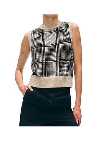 White + Warren Cashmere Houndstooth Shell Vest in Sand/Black (view 2)