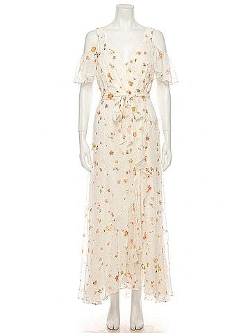 Maison Tara Floral Off The Shoulder Strap Dress in Ivory Coral (view 1)
