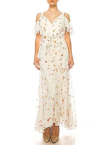 Maison Tara Floral Off The Shoulder Strap Dress in Ivory Coral (view 2)
