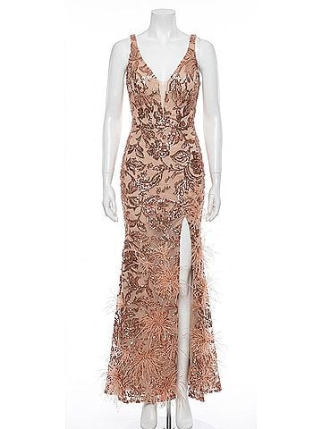 Amarra V-Neck Sequin Prom Gown in Rose Gold (view 1)