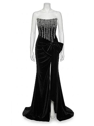 Portia & Scarlett Strapless Beaded Corsett Gown With Detachable Bow in Black (view 1)
