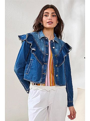 Tribal Fayra Fashion Denim Jacket With Sculpted Ruffle Detail in Dark Pacific (view 2)