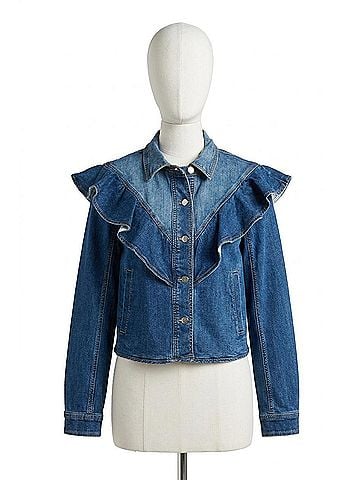 Tribal Fayra Fashion Denim Jacket With Sculpted Ruffle Detail in Dark Pacific (view 1)