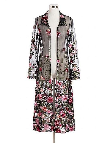 Adore Embroidered Mesh Duster Jacket in Midnight Bloom (view 1)