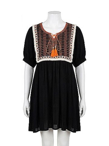 Velzera Embroidered &amp; Fringed Short Sleeve Mini Dress in Black (view 1)