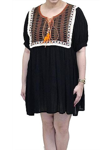 Velzera Embroidered &amp; Fringed Short Sleeve Mini Dress in Black (view 2)