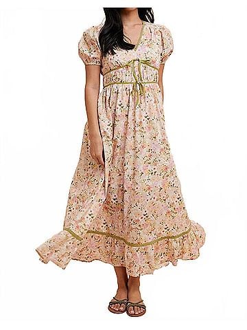 In Loom Bow Floral Maxi Dress in Pink Coral Multi (view 2)