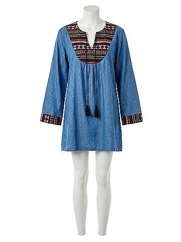 Velzera Tassel Embroidered Denim Mini Dress in Blue (view 1)