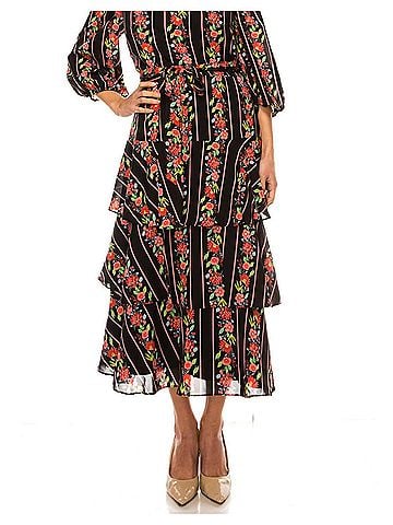 Maison Tara Square Neck Tiered Skirt Midi Dress in Black Coral (view 2)