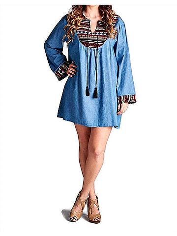 Velzera Tassel Embroidered Denim Mini Dress in Blue (view 2)