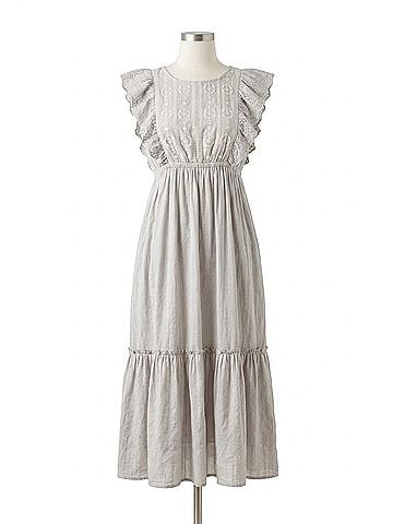In Loom Eyelet Flutter Sleeve Embroidered Midi Dress in Dove Grey (view 1)